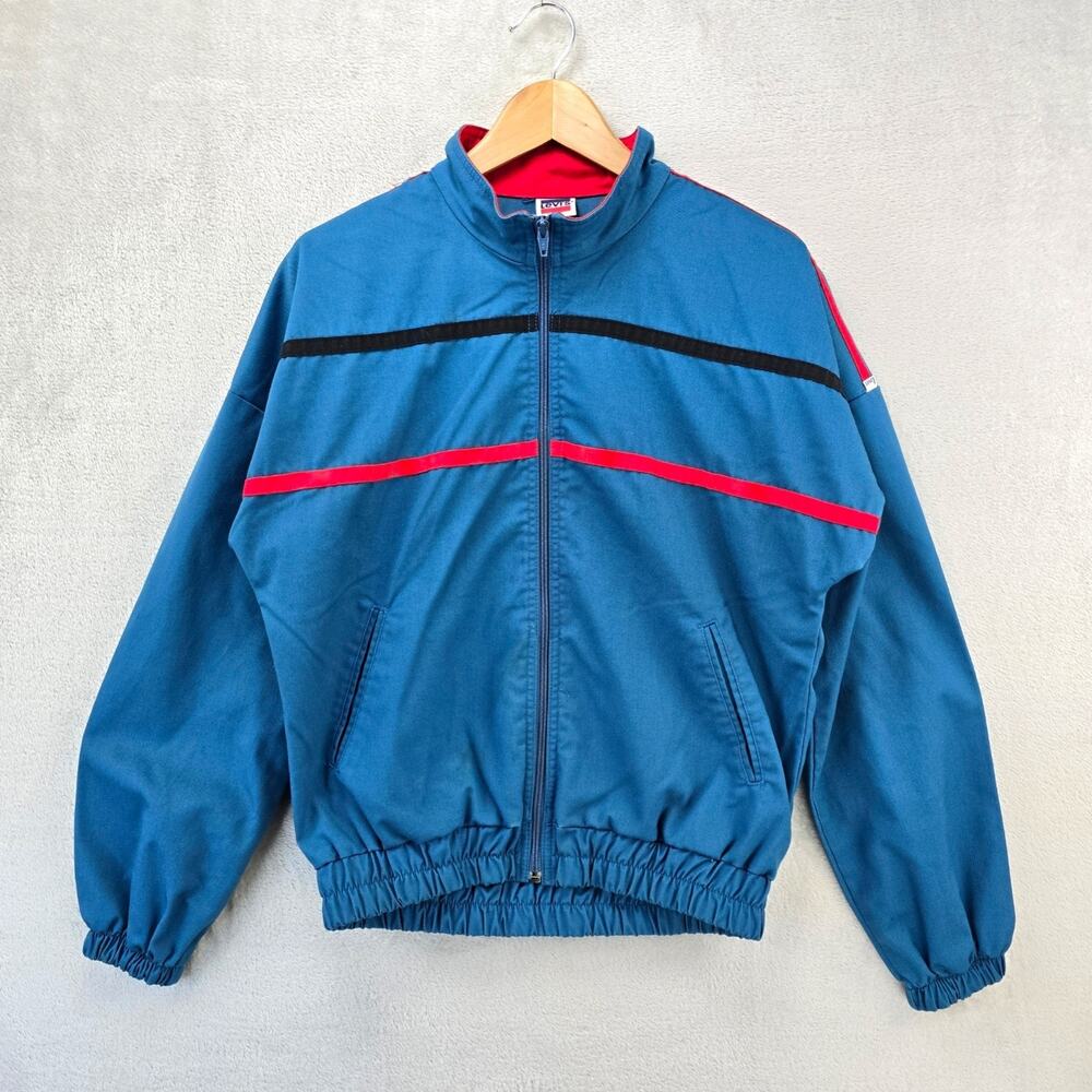 Vintage 80s Levis Track Jacket Mens Medium Blue Striped USA Made *FLAWS*